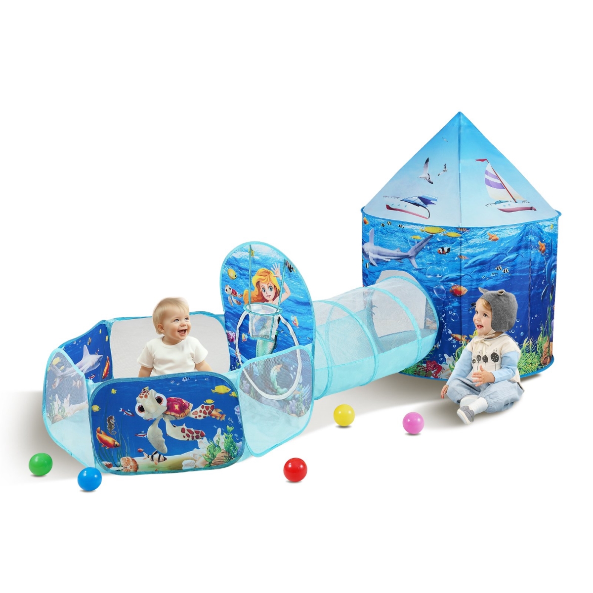 Picture of Vevor PPSDZPX3DHY0ON54XV0 3 in 1 Kids Play Tent with Tunnel&#44; Blue Ocean