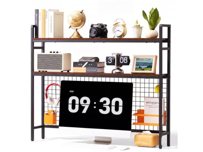 Desktop Bookshelf - 3-Tier Countertop Storage Hutch with Grid for Computer Desk - Metal Frame & Wooden Shelf with Non-Slip ft. Pads - Black