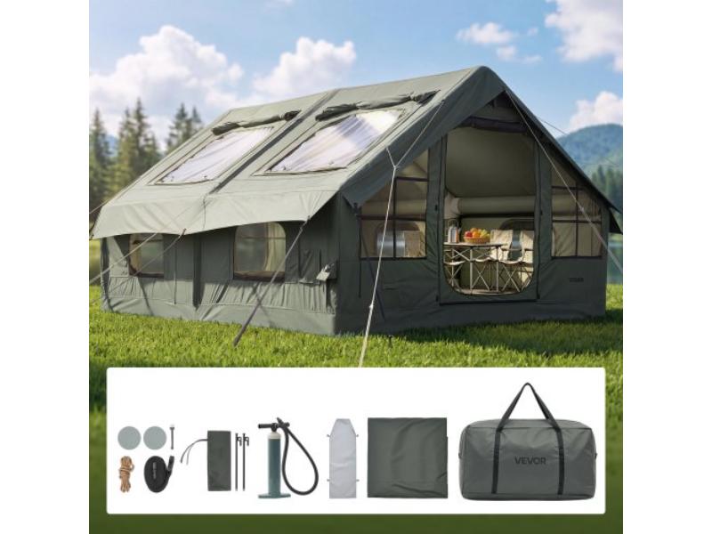 Inflatable Tent for Camping - 5-8 Person Blow Up Tent with Pump - Waterproof Poly-Cotton - Easy Setup Air House for Family Outdoor Glamping - Green