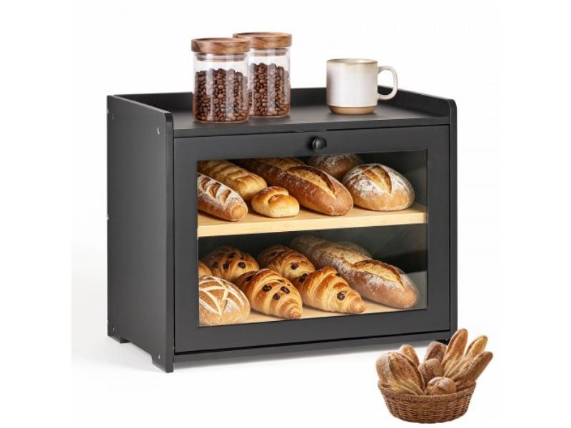 Bamboo Bread Box for Kitchen Counter - Double Layer Storage Container for Under Cabinet & Pantry with Acrylic Door Panel & Air Vents - Black