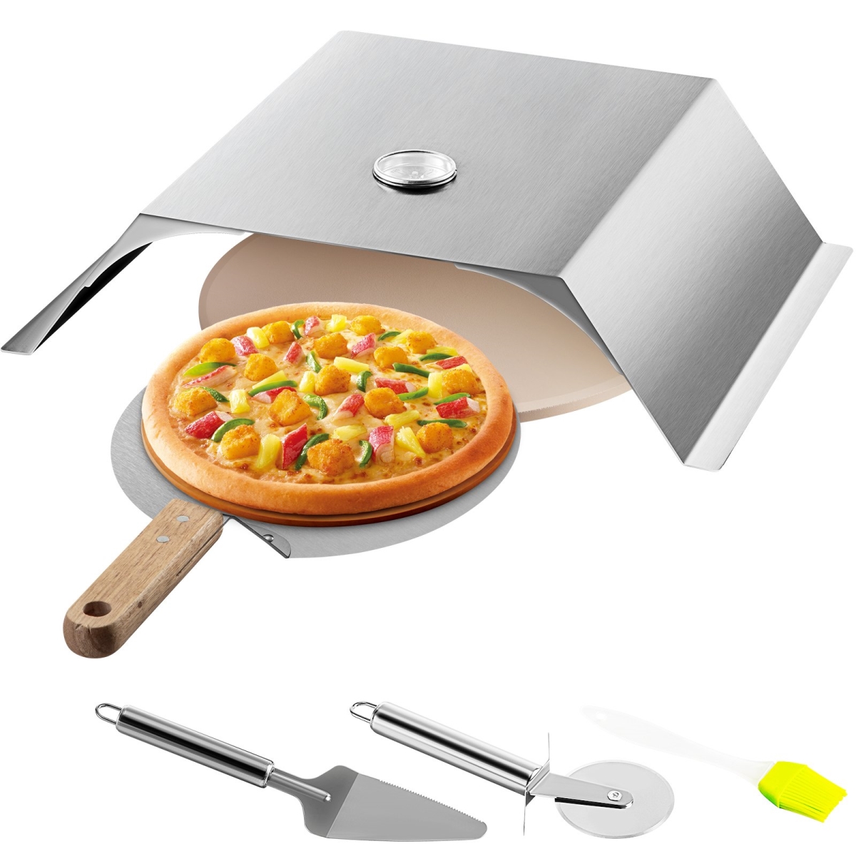 Picture of Vevor BSKXBXGPSLFJ3JT01V0 Stainless Steel Grill Pizza Oven Kit for Most 22 in. Charcoal Grilll&#44; Silver