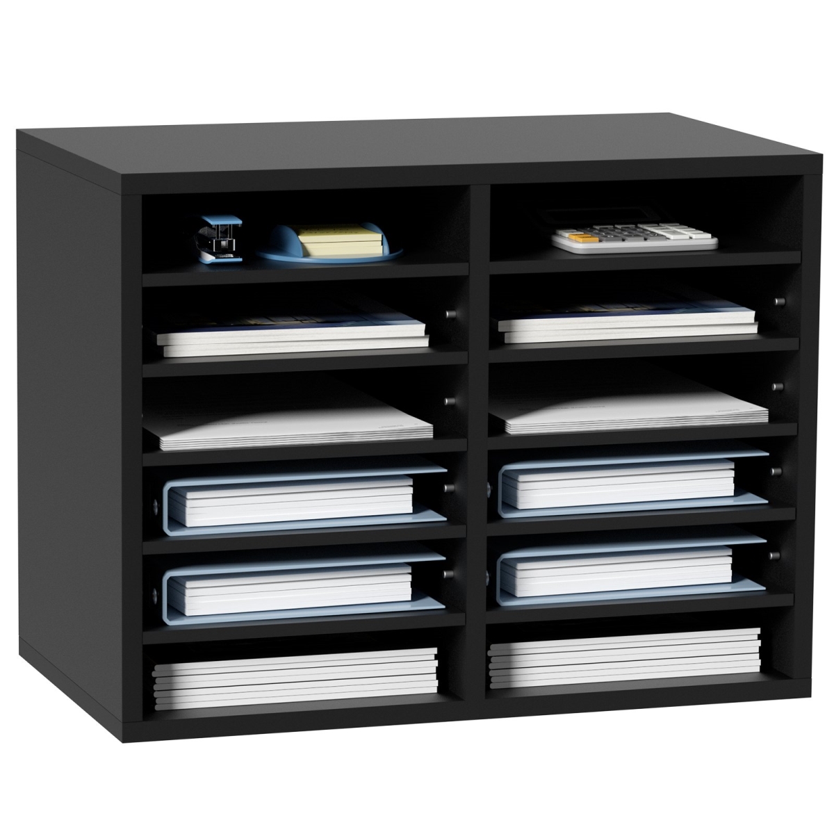 Wood Literature Organizer with 12 Compartments, Black