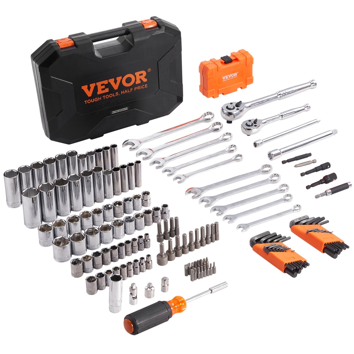 Mechanics Tool Set and Socket Set 1/4in 3/8in Drive 145 Pcs SAE and Metric, 145PK
