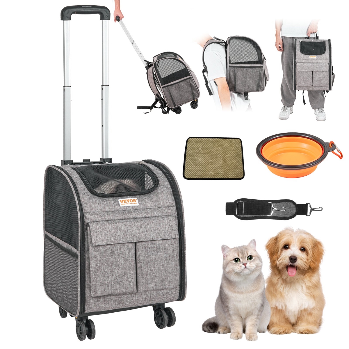 Picture of Vevor CWLGXHS18LBSRAD6RV0 Rolling Pet Carrier with Telescopic Handle & Shoulder Strap&#44; Gray
