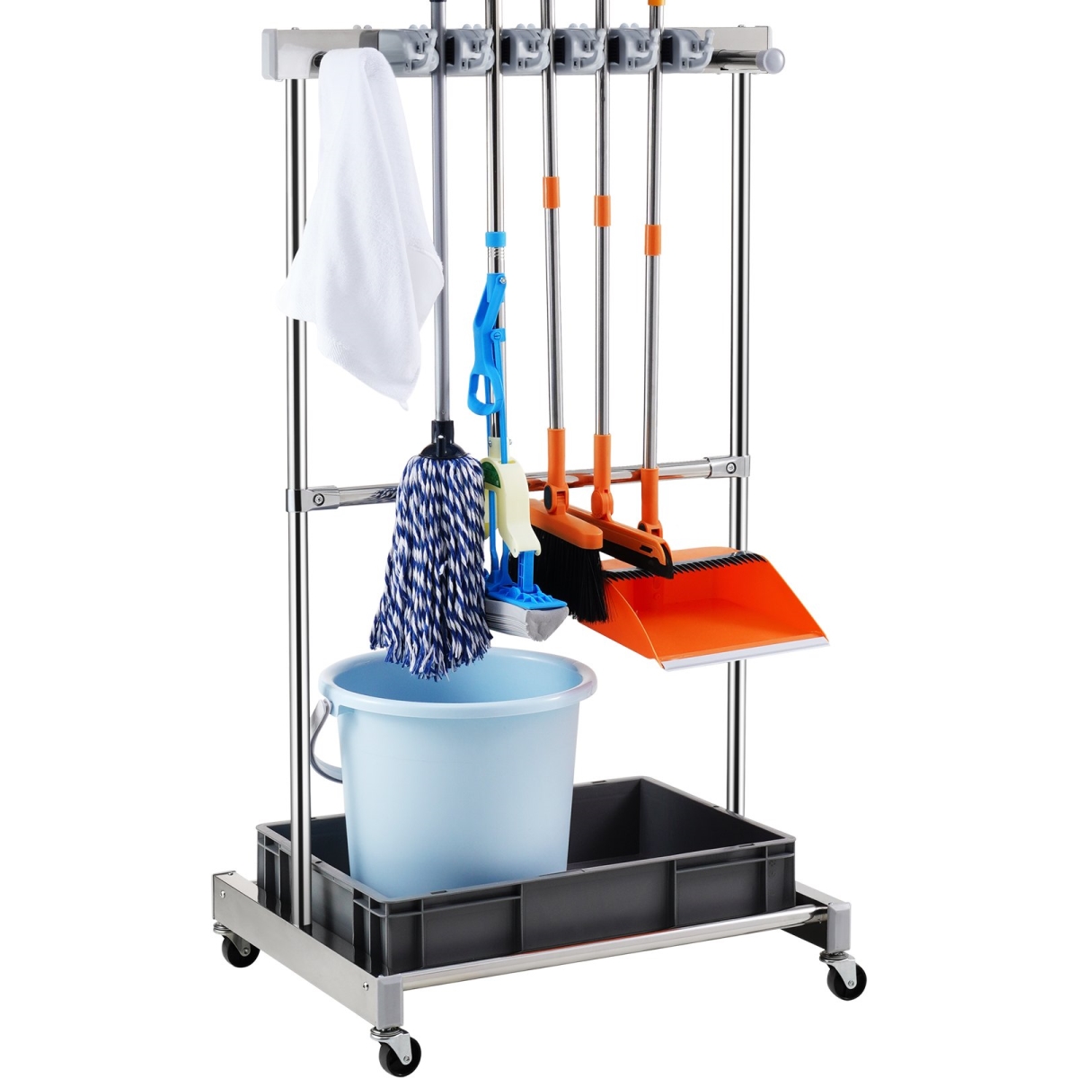 Garden Tool Storage Rack with Wheels Garage Organizer 10 Slots with Hooks