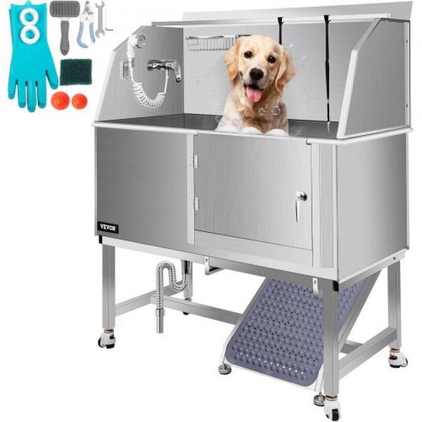 Picture of Vevor CWYGYCBX50304FS3UV0 Dog Grooming Tub with 50 in. R Pet Wash Station & Professional Stainless Steel Pet Grooming Tub&#44; Silver