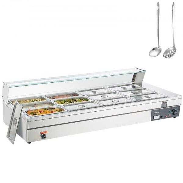 Picture of Vevor B128QT1800W12Q1Z1V1 12 x 8 qt. 12-Pan Commercial Food Warmer Electric Steam Table with 1800W Tempered Glass Cover&#44; Silver