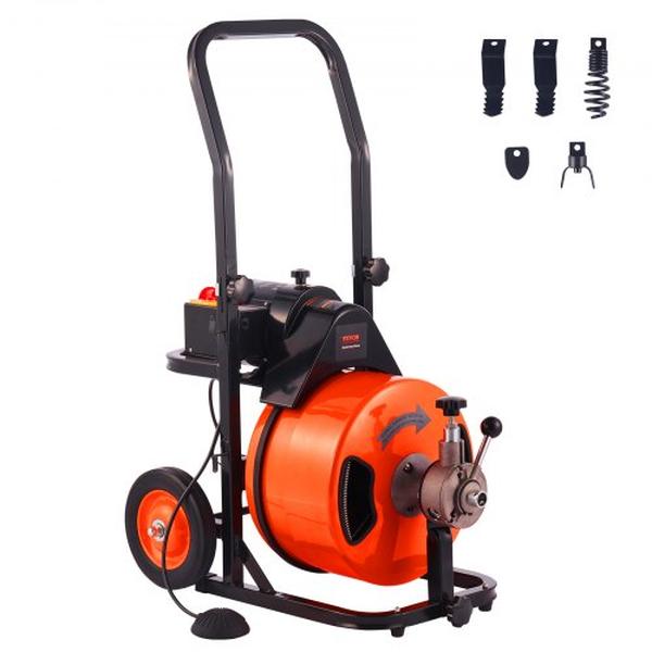 ZDJJKLSGDSTJZGK9AV1 100 ft. x 0.5 in. Sewer Auger Auto Feed Drain Cleaner Machine with 4 Cutter & Air-Activated Foot Switch, Orange & Black -  Vevor