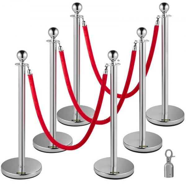 Silver Stainless Steel Stanchion Queue Stanchions Post with 38 in. Red Rope Retractable - 6 Piece