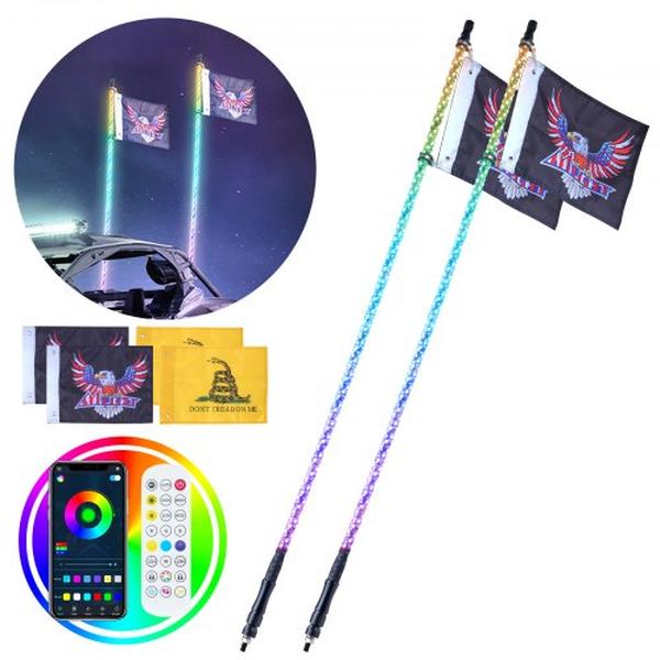 Picture of Vevor CRKJPPTDZ5YCJCVCMV9 5 ft. APP & RF Remote Control LED Whip Light with Waterproof 360 deg Spiral RGB Chasing Lighted Whips - 2 Piece
