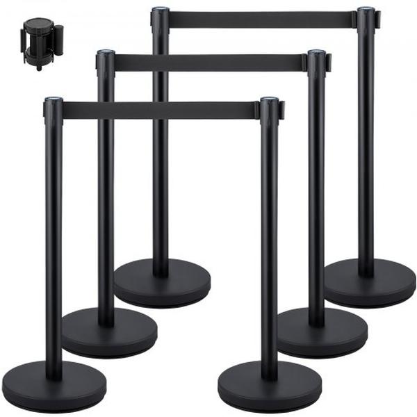Stainless Steel Stanchion Queue Black Stanchion Post with 36 in. Belt Retractable - 6 Piece