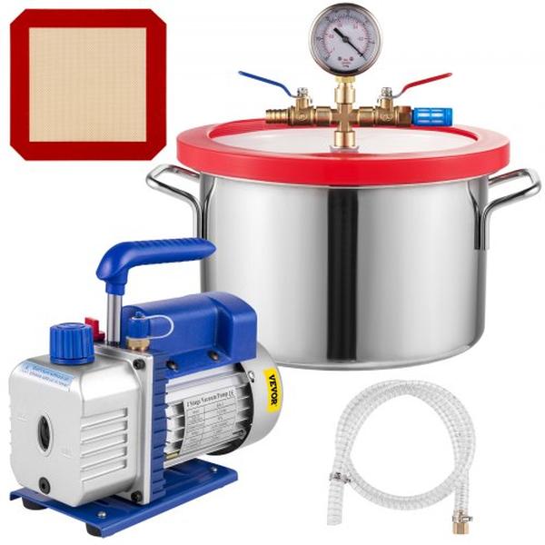 Picture of Vevor QCKTZKB3CFM1-4D1TV1 1 gal 3.8 Liter Vacuum Stainless Steel Degassing Chamber Kit with 3 CFM Single Stage Vacuum Pump