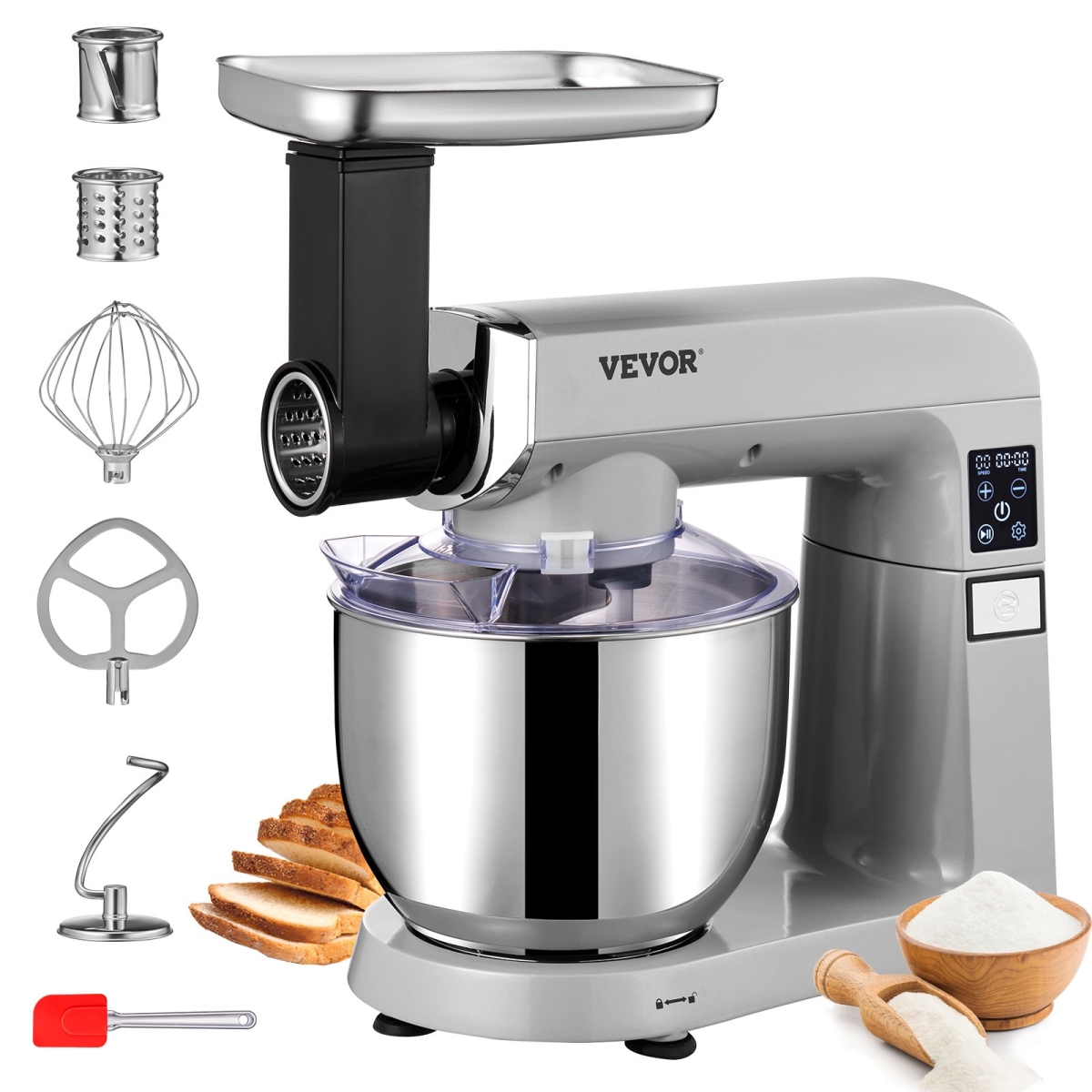 Picture of Vevor ZRL7L450W110V113VV1 6 IN-1 Stand Mixer&#44; 450W Tilt-Head Multifunctional Electric Mixer with 6 Speeds LCD Screen Timing&#44; Gray