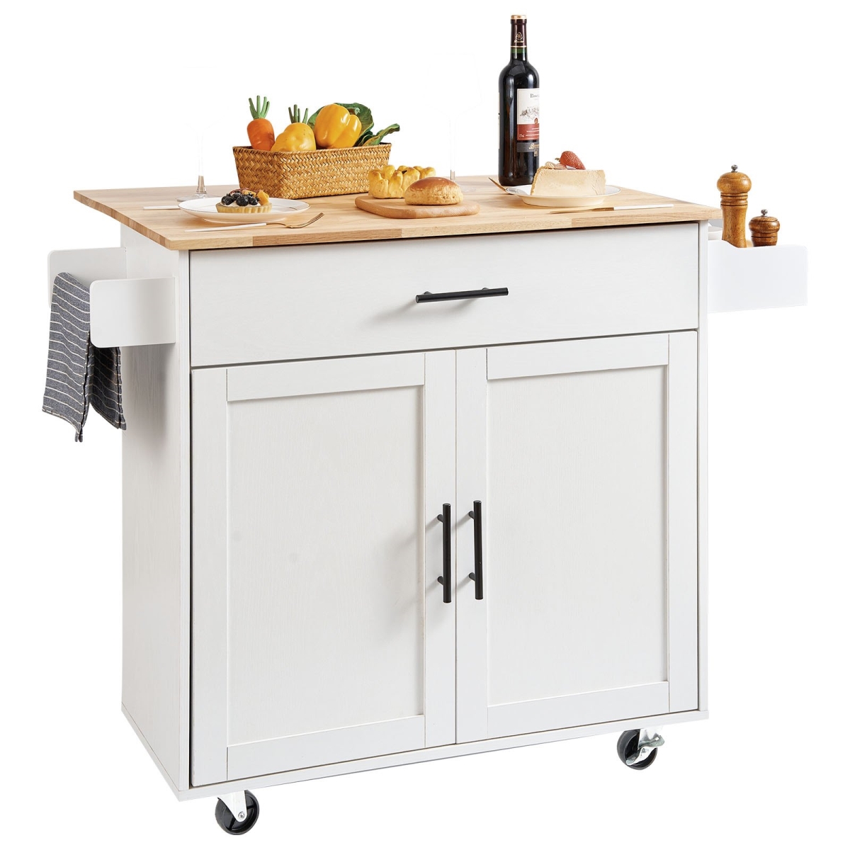 Kitchen Island Cart with Solid Wood Top, White