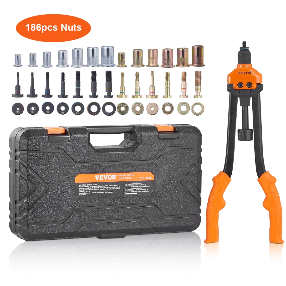 Rivet Nut Tool 16in Rivnut Tool Kit 13 PCS Mandrels and 186 PCS Rivet Nuts, 13PK