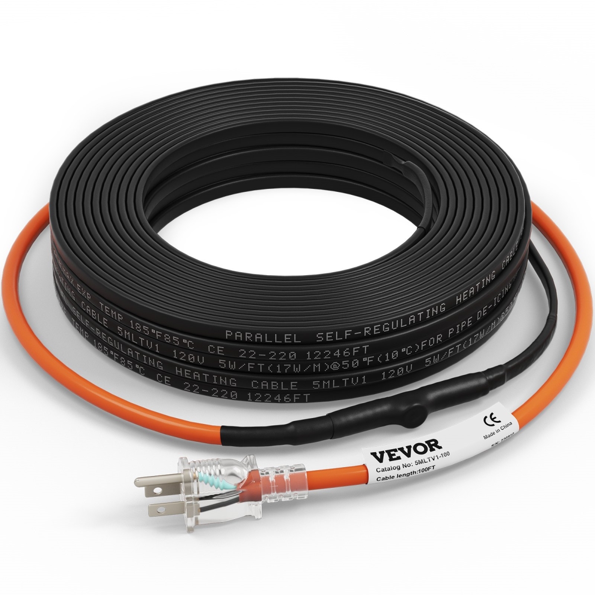 Self-Regulating Pipe Heating Cable 5W/ft w/ Built-in Thermostat 100 Feet