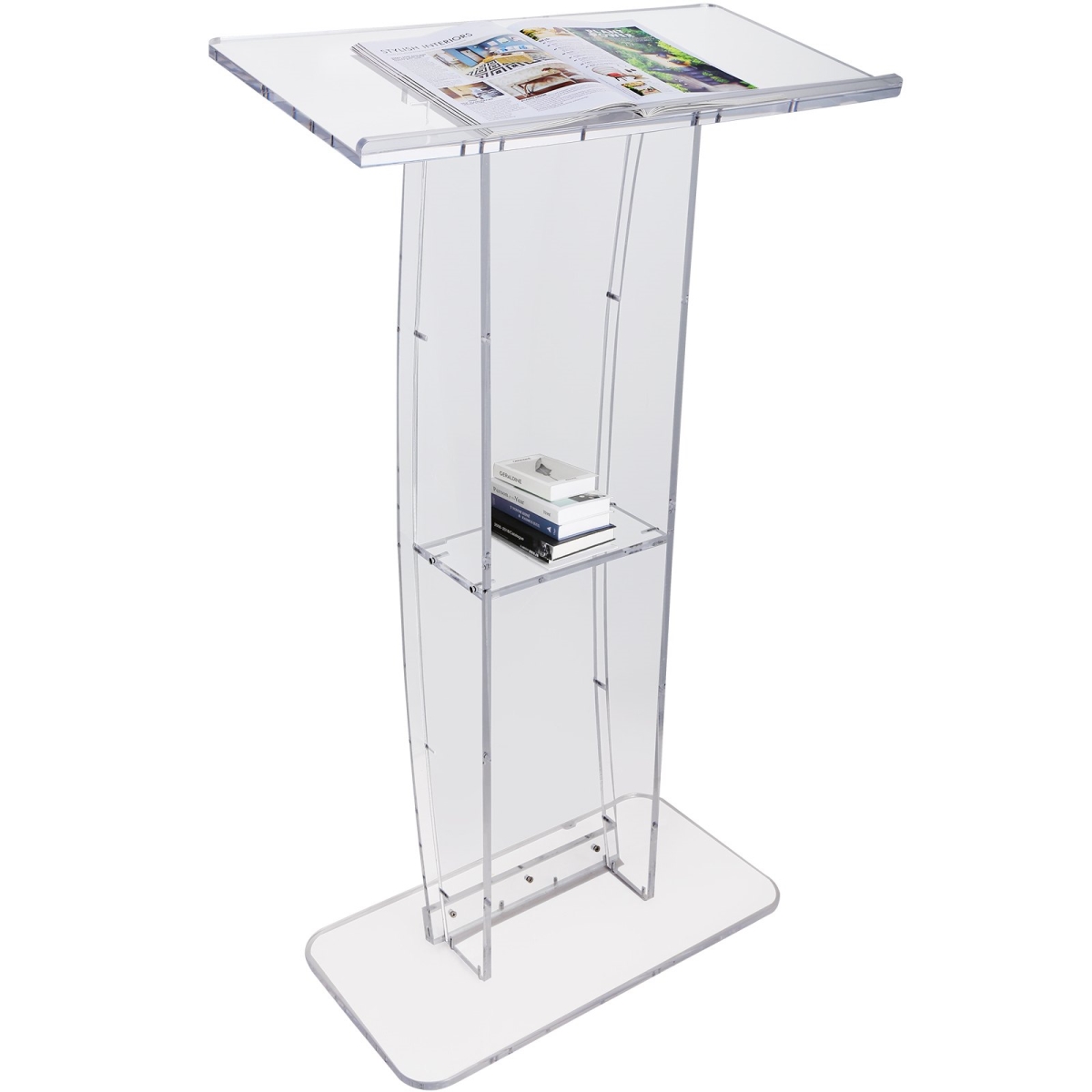 47 in. Clear Acrylic Podium Stand with Wide Reading Surface & Storage Shelf, Transparent White