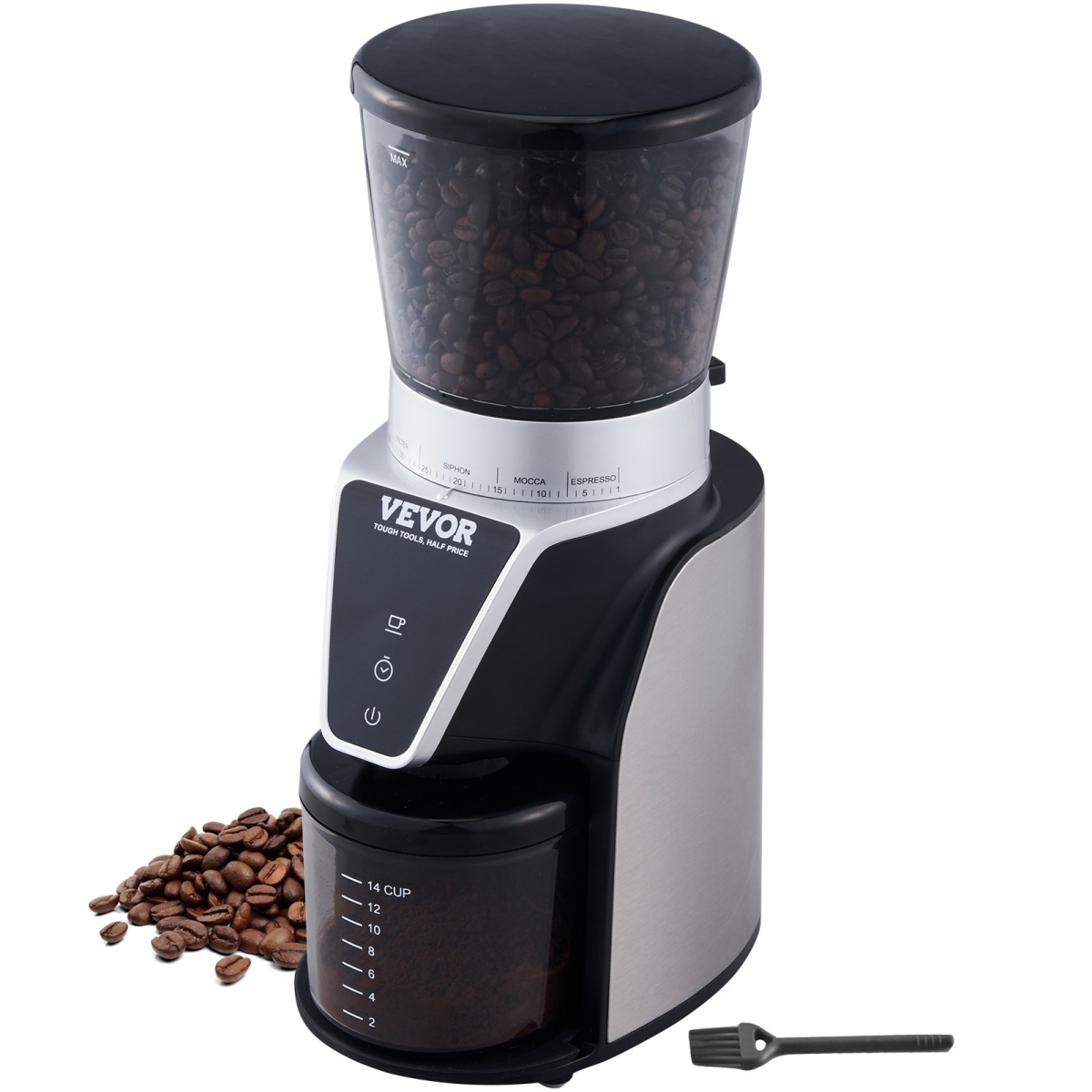 Picture of Vevor ZDKFYMJJDZS40LILQV1 9.7 oz Electric Conical Burr Grinder&#44; Espresso & Silver