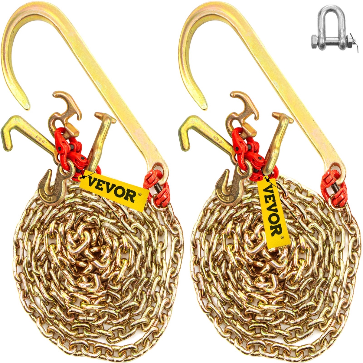 2PCS 5/16"x10' G80 Tow Chain 15" J Hook Long Shank RTJ & Grab Hook Wrecker, 2PK