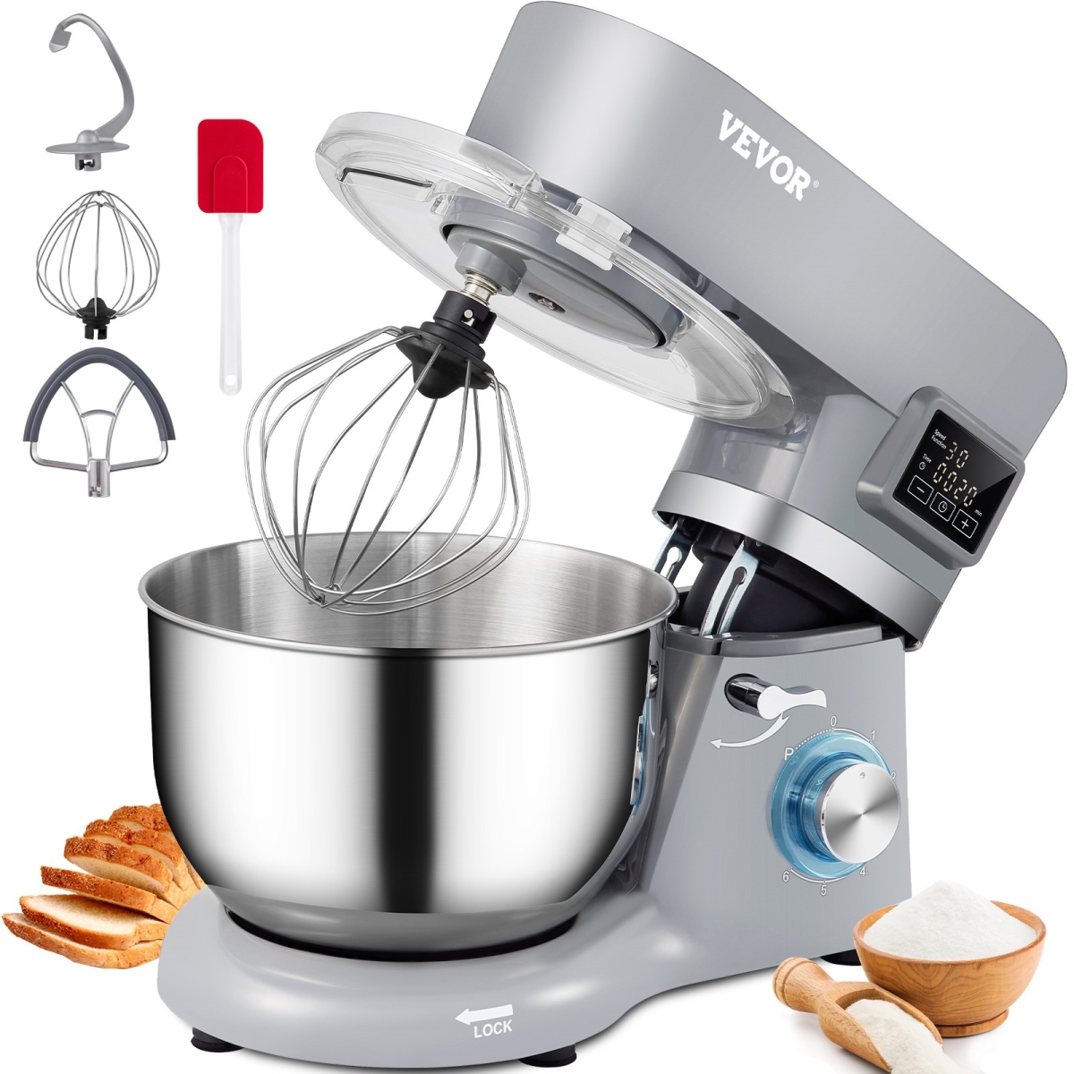 Picture of Vevor XRLLSJBJHHBDFN8Q4V1 660W Electric Dough Mixer with 6 Speeds LCD Screen Timing&#44; Gray