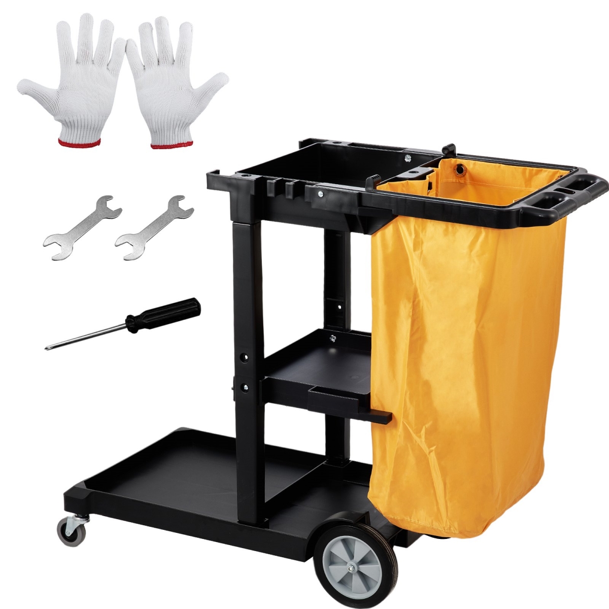 Picture of Vevor QSSCQJXTCDLJDS255V0 47 x 20 x 38.6 in. 3-Shelf Commercial Janitorial 200 lbs Capacity Plastic Cleaning Cart&#44; Yellow & Black