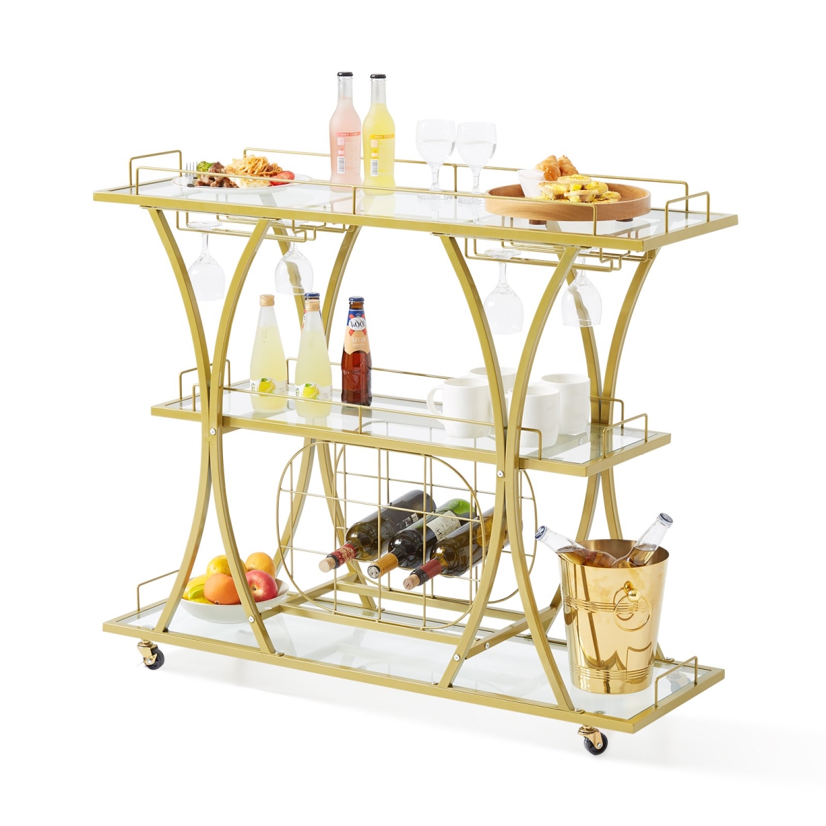 Picture of Vevor BLFWCCB14X43XARO0V0 180 lbs 3 Tiers Gold Metal Bar Serving Cart with Wine Rack Glass Holder
