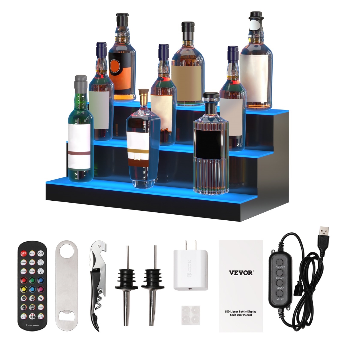 Picture of Vevor ZTXJPLED324RFDT96V1 24 in. 3-Step LED Lighted Liquor Bottle Display Bar Shelf