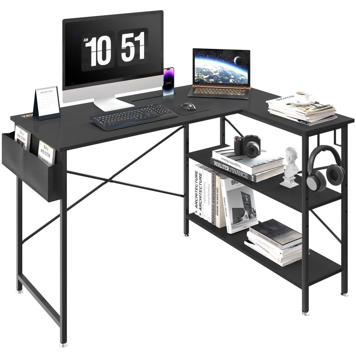 Picture of Vevor XZJBGZL47INCHS5P8V0 47 in. L Shaped Computer Desk with Storage Shelves&#44; Black