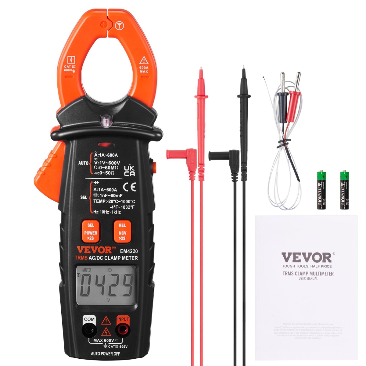 Picture of Vevor QXBQZDKCWACDCAVNGV0 T-RMS&#44; 6000 Counts&#44; 600A Clamp Multimeter Tester Digital Clamp Meter