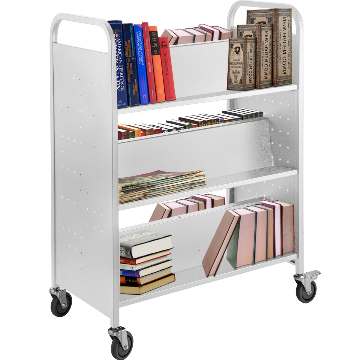 Picture of Vevor TSGTCSCWXSMBS0001V0 35 x 19 x 49 in. Rolling Book Cart with Double Sided W-Shaped Sloped Shelves&#44; White