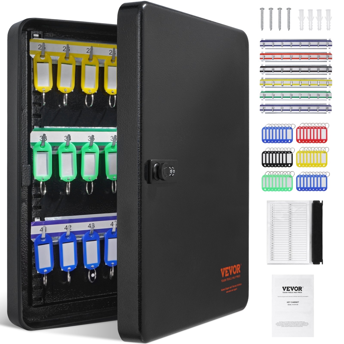 48-Key Cabinet with Combination & Key Lock, Digital Security Storage Box Steel Key Organizer with Adjustable Racks
