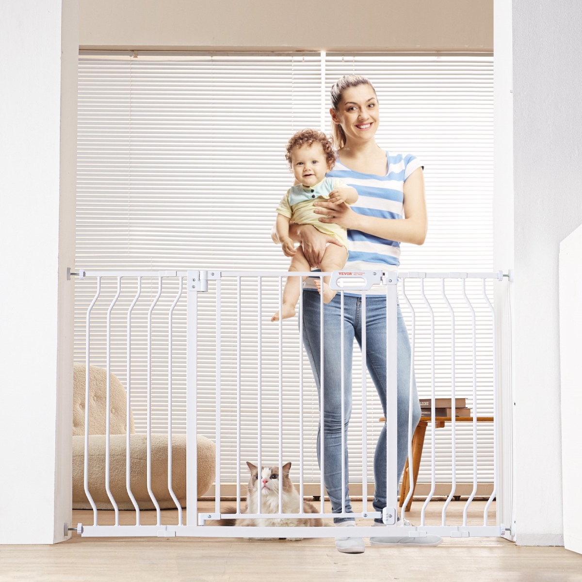 Picture of Vevor LGXCWZLBS3052H2HGV0 30 in. Easy Step Walk Thru Auto Close Child Gate Pet Security Gate with Pressure Mount Kit & Wall Mount Kit&#44; White