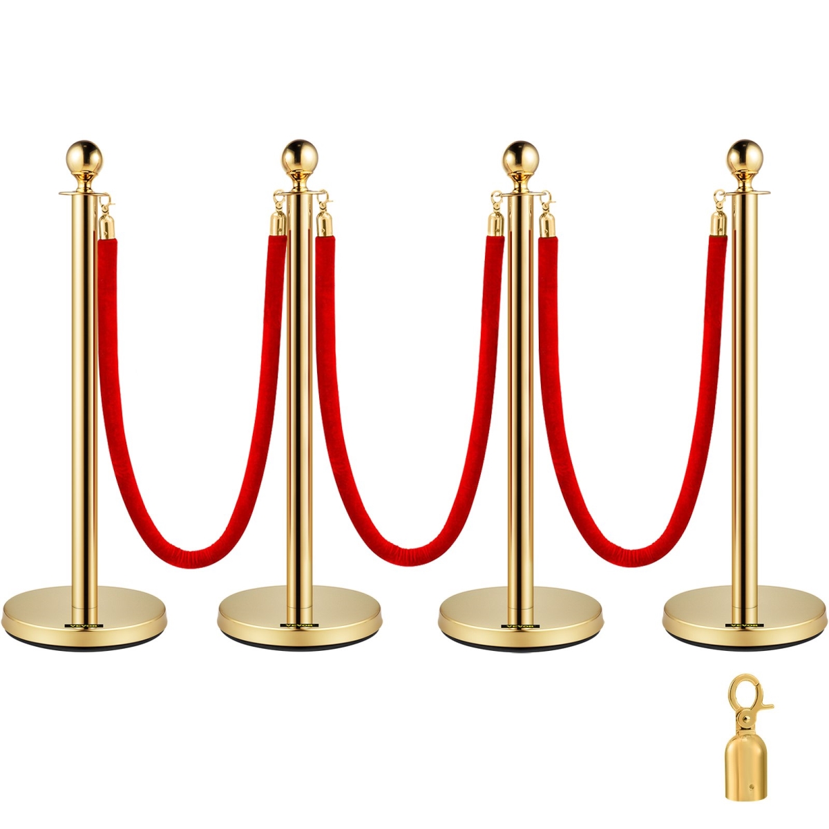 38 in. Red Velvet Rope, Crowd Control Barriers Queue Posts Stanchion, Gold - 4 Piece