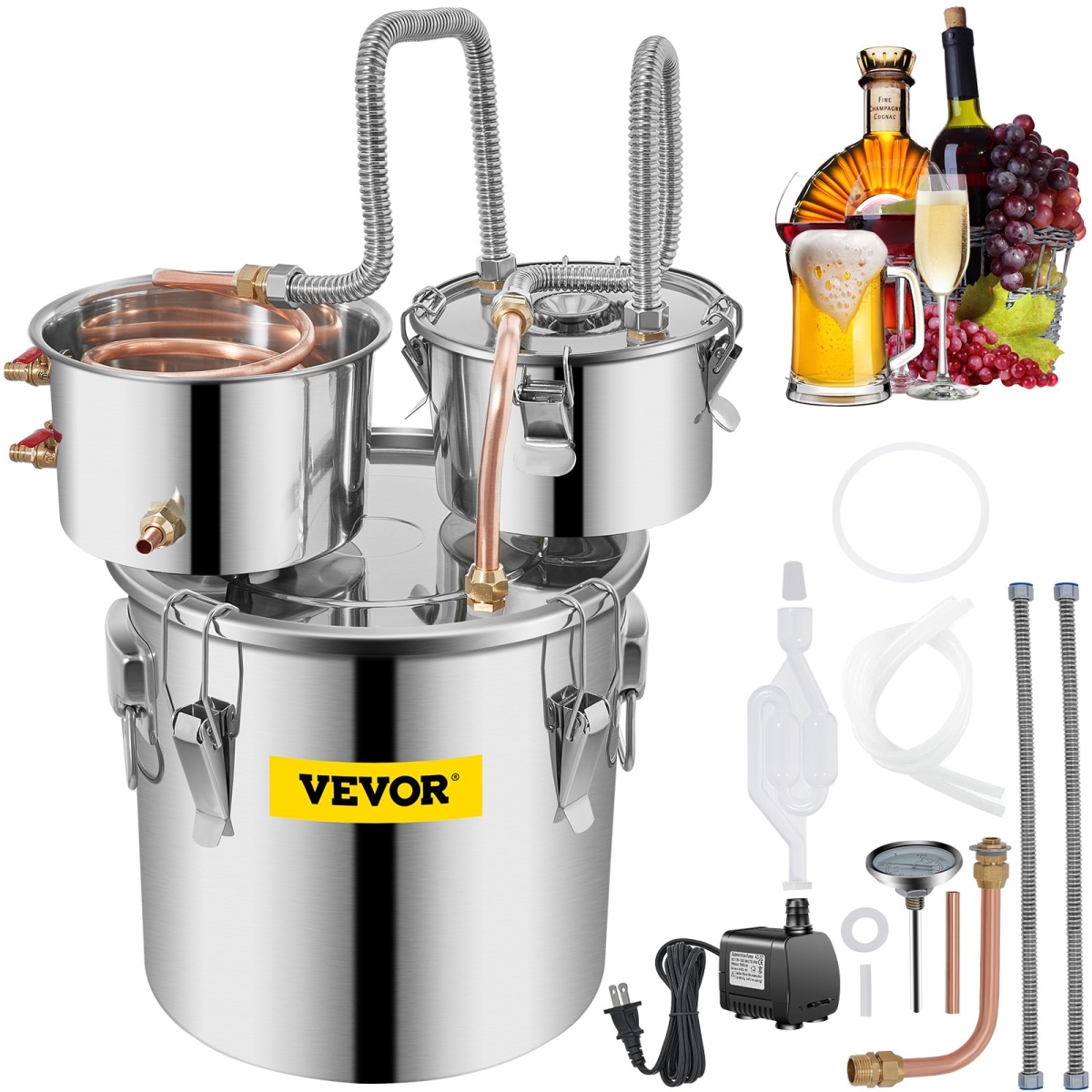 Picture of Vevor ZLSJ3GALSLNTZLQDBV1 3 gal Stainless Steel Alcohol Distiller with Copper Tube & Build-in Thermometer & Water Pump