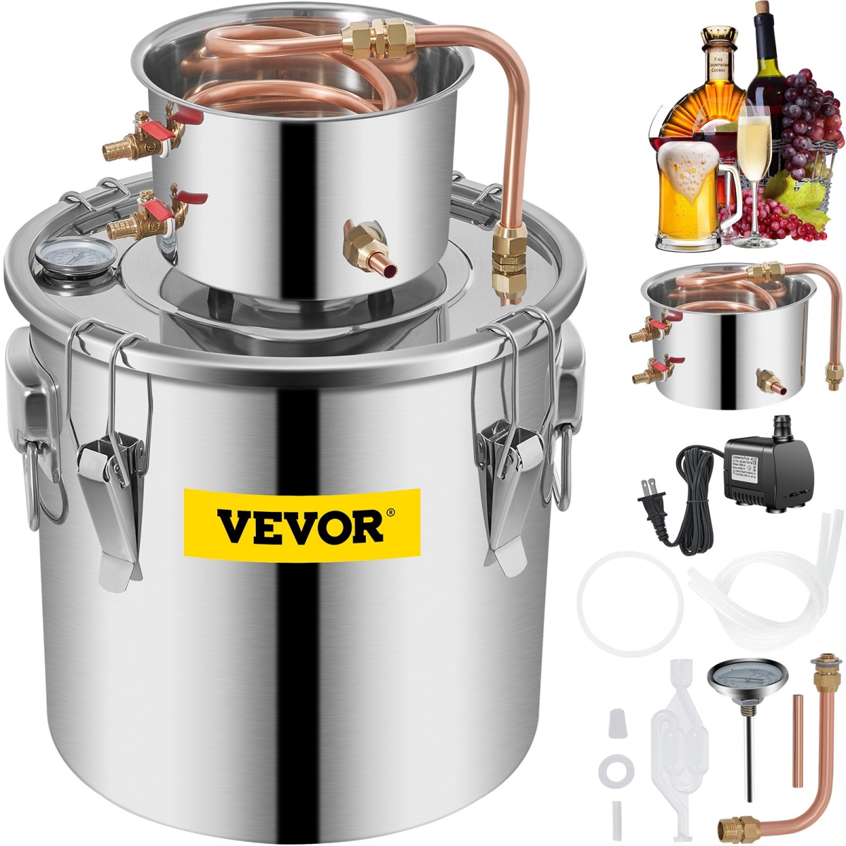 Picture of Vevor ZLSJ8GALDTDB00001V1 9.6 gal 38 Liter Alcohol Distillery Kit with Circulating Pump&#44; Alcohol Still Copper Tube