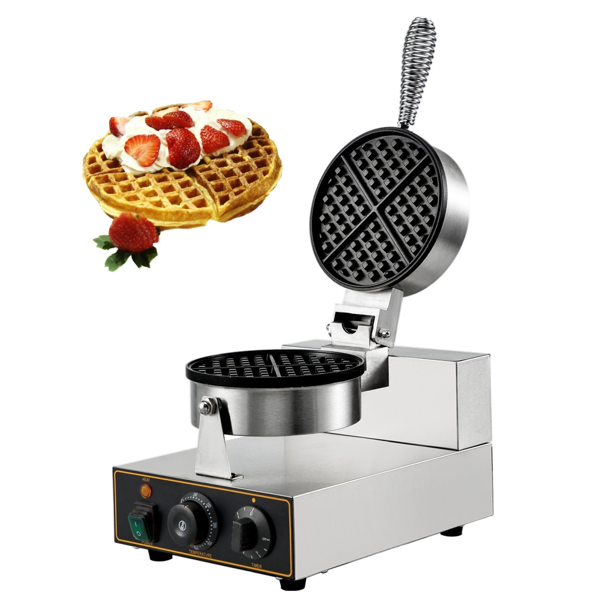 Picture of Vevor HFBJDTYXHFLHT-101V1 1100W Stainless Steel 110V Temperature & Time Control Commercial Round Waffle Maker