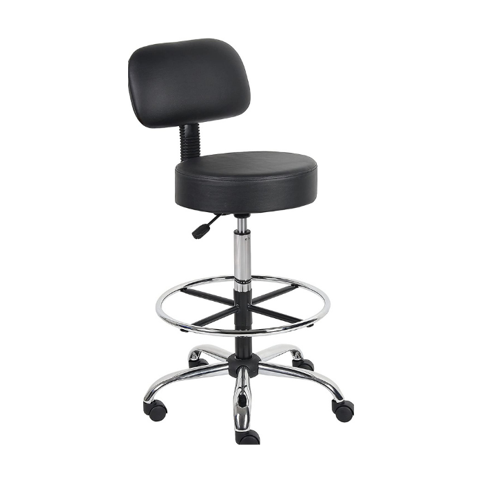 Caressoft Medical Drafting Stool with Back Cushion & Foot Ring, Black