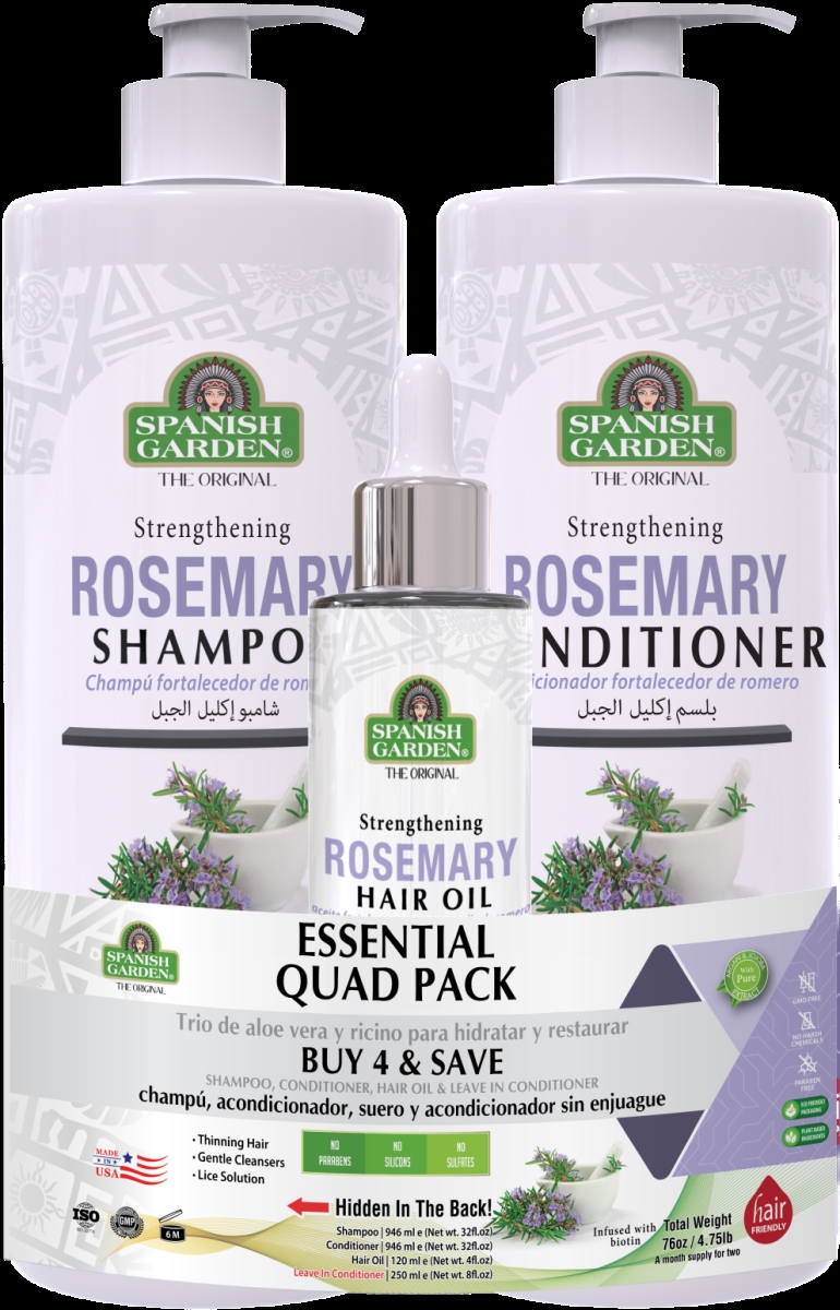 19304  19304 Strengthening Rosemary - Essential Quad Pack (Shampoo , Conditioner, Hair Oil, Leave in Conditioner) ,Total76oz/4.75lb