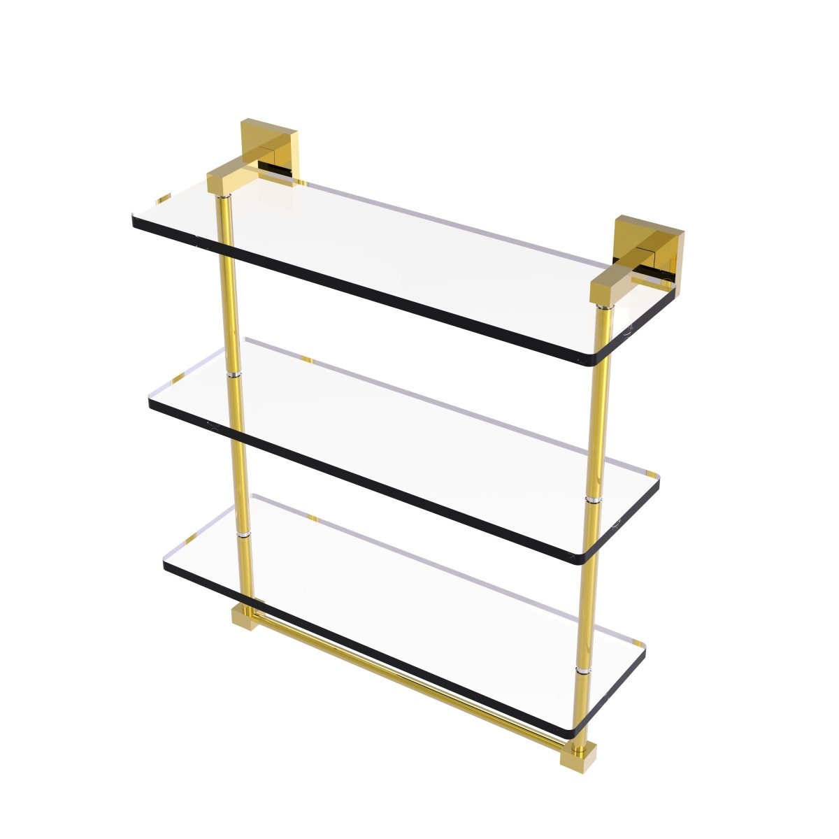 MT-5-16TB-PB 16 in. Montero Collection Triple Tiered Glass Shelf with integrated towel bar, Polished Brass -  Allied Brass
