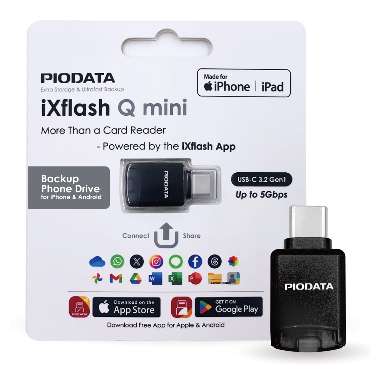 IXQ1-C1A01  iXflash Q Mini USB-C MicroSD Card Reader for iPhone, iPad & Android, Photo & Video Backup Black