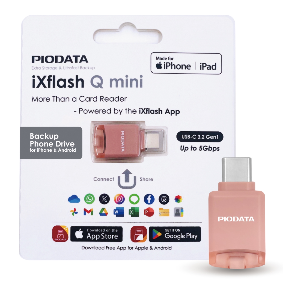 IXQ1-C1A02_1  iXflash Q Mini USB-C MicroSD Card Reader for iPhone, iPad & Android, Photo & Video Backup Pink
