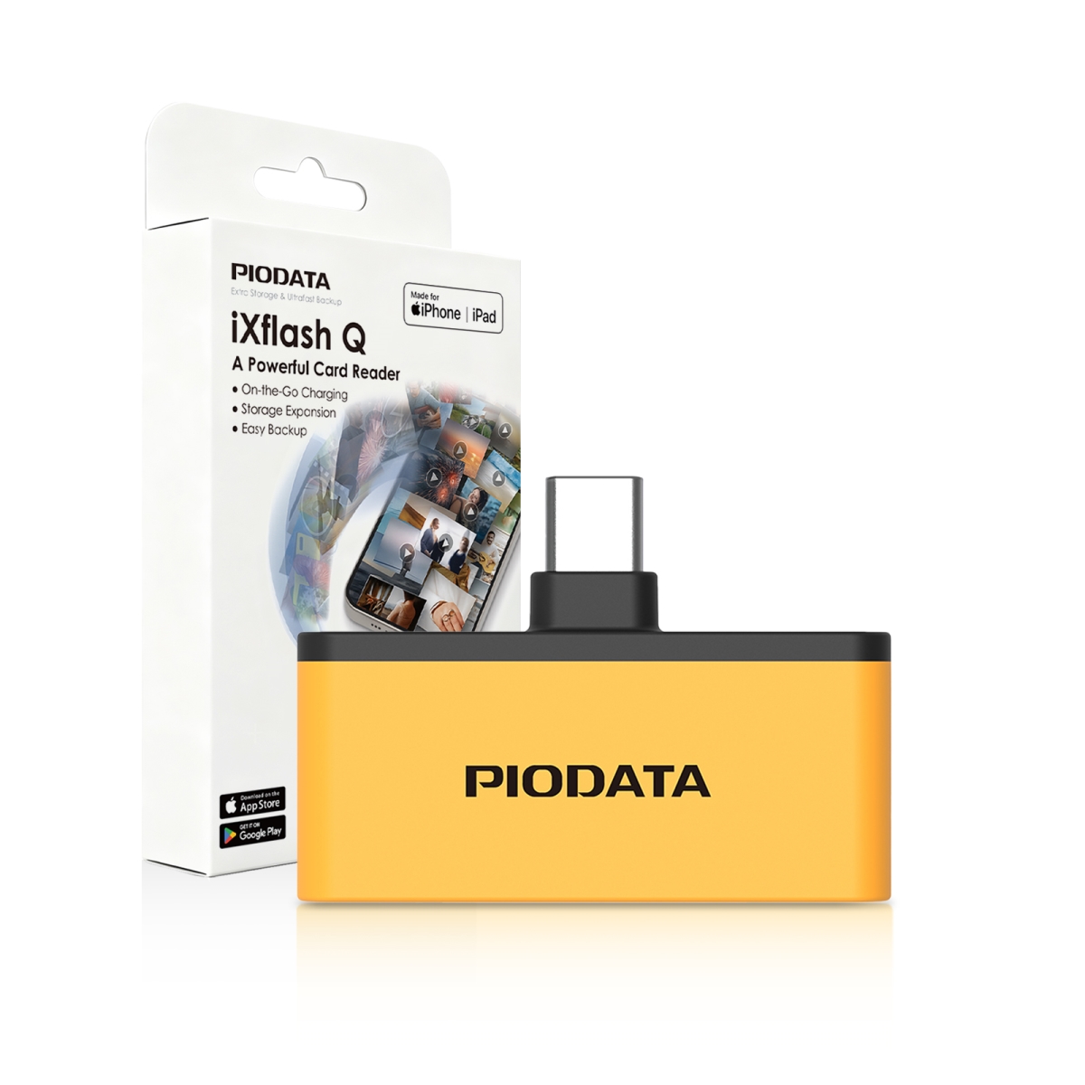 IXF1-C2B03_1  iXflash Q Phone Micro SD Card Reader, USB-C Adaptor for iPhone/iPad/Android Passthrough Charging Black/Yellow