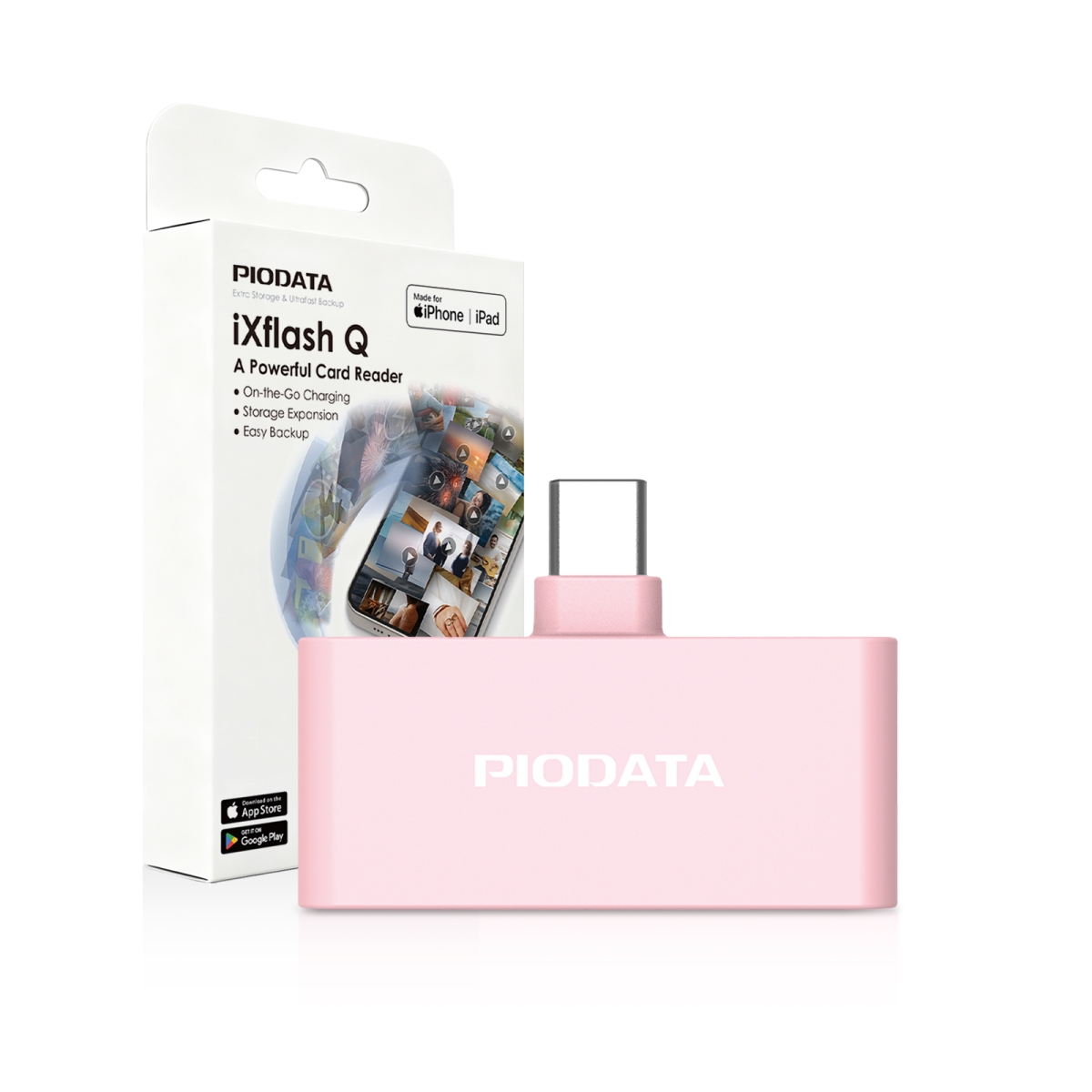 IXF1-C2B02_1  iXflash Q Phone Drive & Micro SD Card Reader, USB-C Adaptor for iPhone/iPad/Android Passthrough Charging Pink