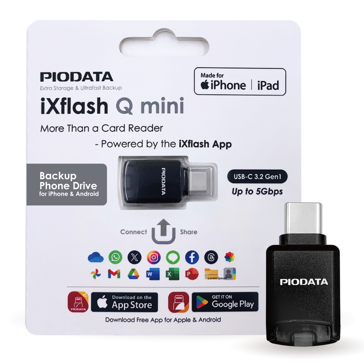 IXQ1-C1A01_1  iXflash Q Mini USB-C MicroSD Card Reader for iPhone, iPad & Android, Photo & Video Backup Black