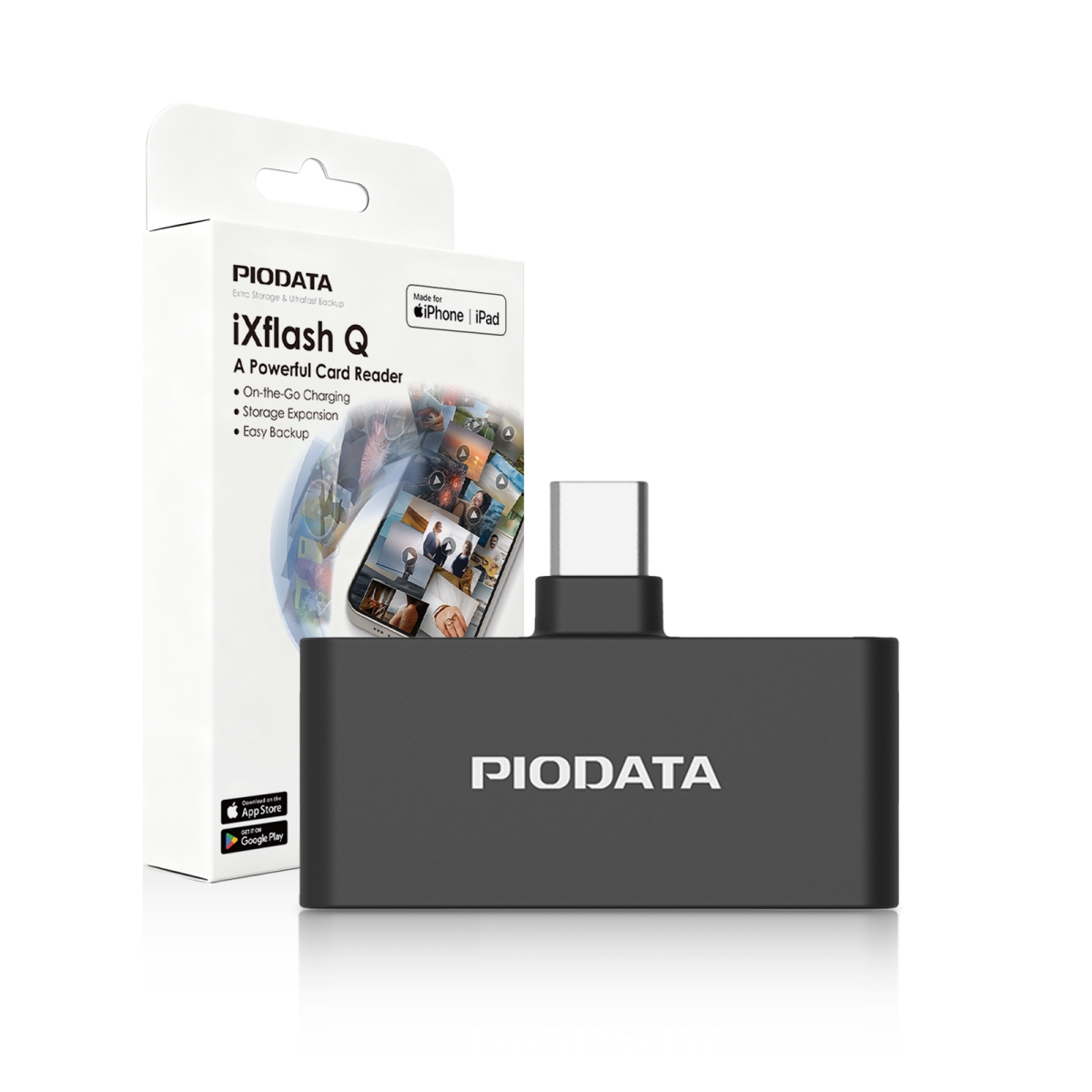 IXF1-C2B01_1  iXflash Q Phone Drive & MicroSD Card Reader, USB-C Adaptor for iPhone/iPad/Android Passthrough Charging Black
