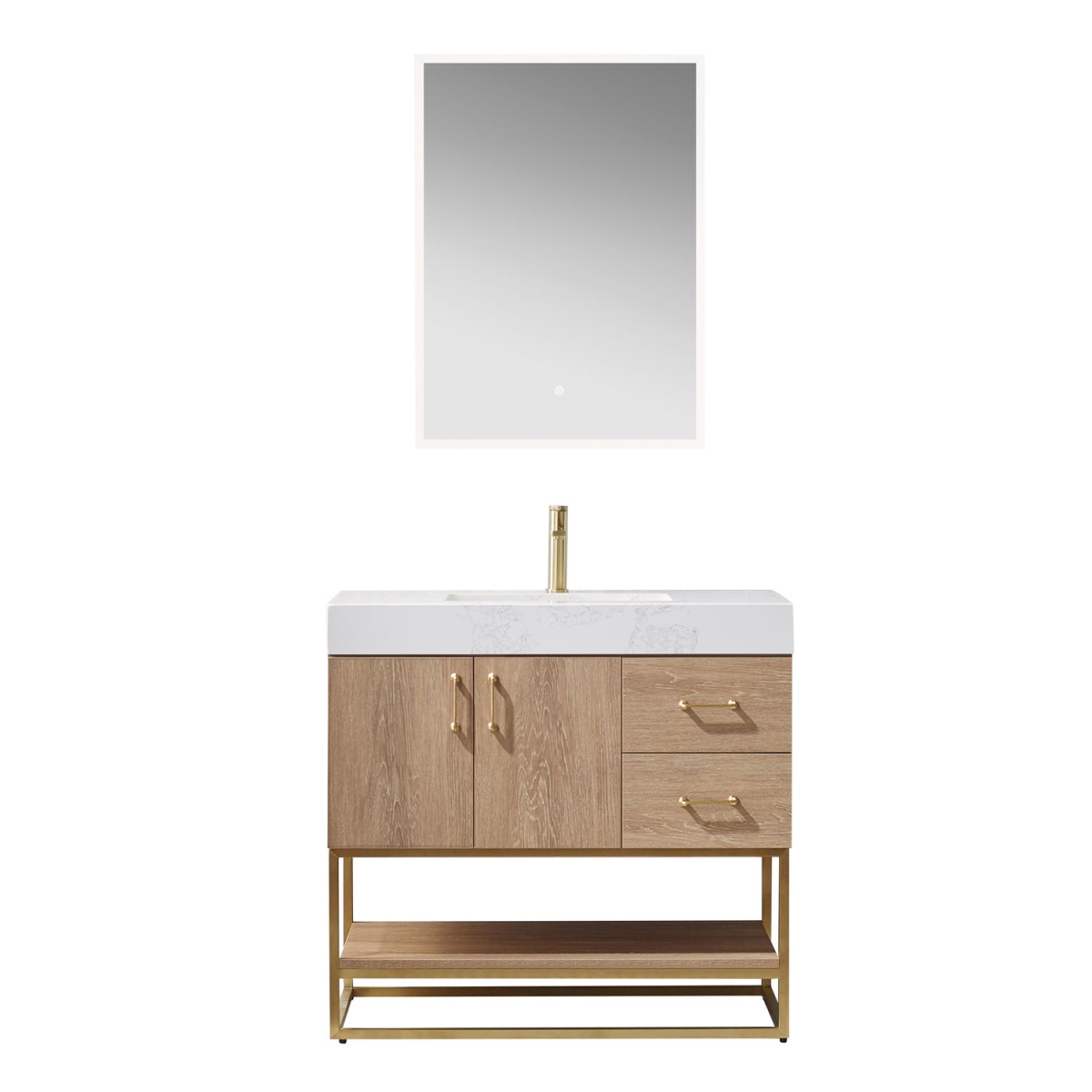 Picture of Vinnova 789036-NO-GW 36 in. Alistair Single Vanity with White Grain Stone Countertop with Mirror - North American Oak