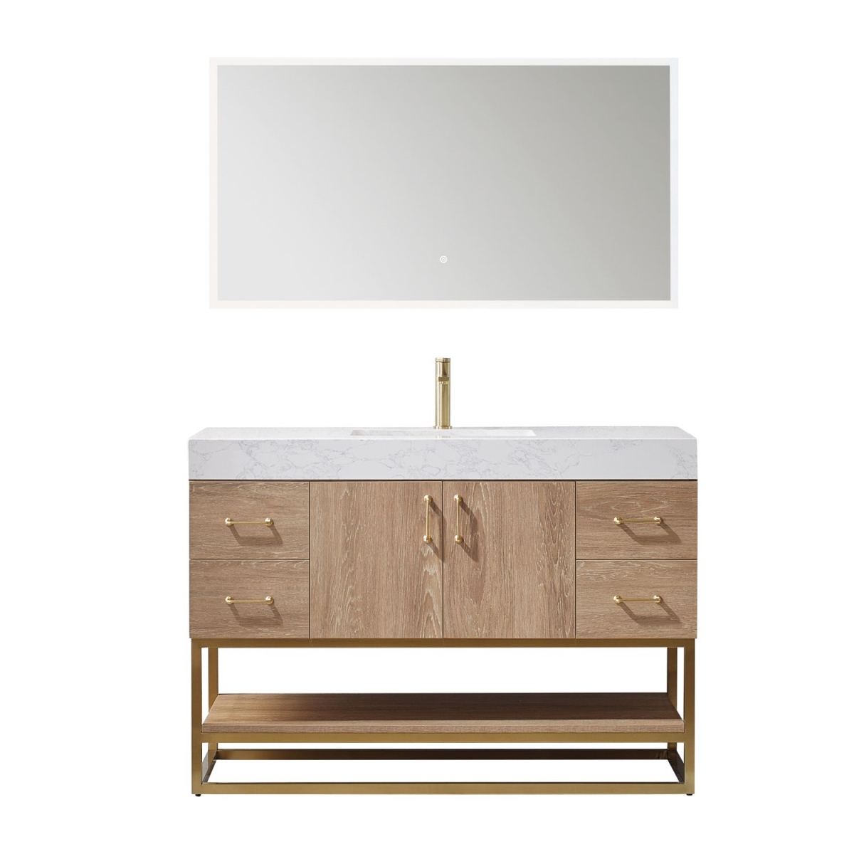 48 in. Alistair Single Vanity with White Grain Stone Countertop & Mirror, North American Oak