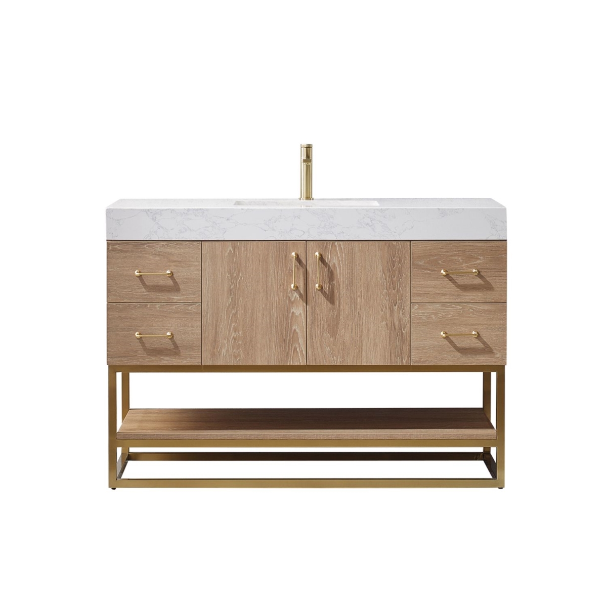 48 in. Alistair Single Vanity with White Grain Stone Countertop Without Mirror, North American Oak