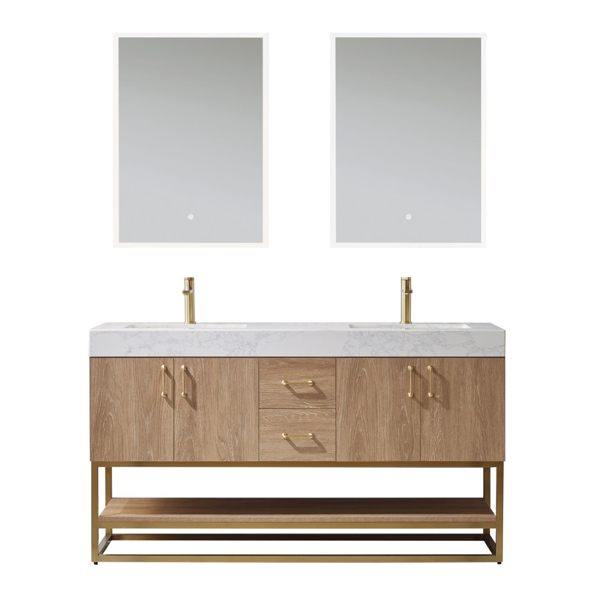 60 in. Alistair Double Vanity with White Grain Stone Countertop & Mirror, North American Oak