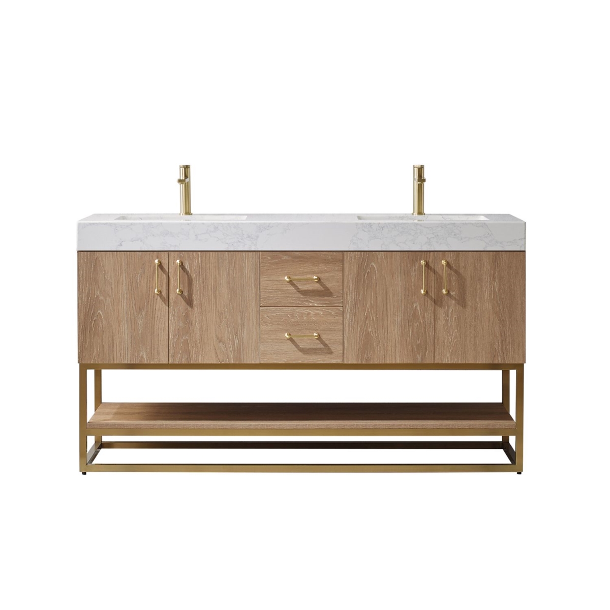 60 in. Alistair Double Vanity with White Grain Stone Countertop Without Mirror, North American Oak